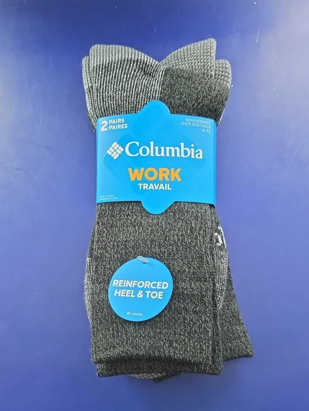 Columbia Men’s Work Socks - Dark Gray / Black (2 Pairs)  Shoe Size 6 - 12